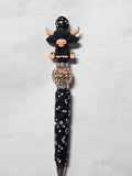 Beaded 3D black highland cow black pen