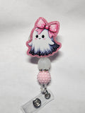 Badge reel pink bow ghost