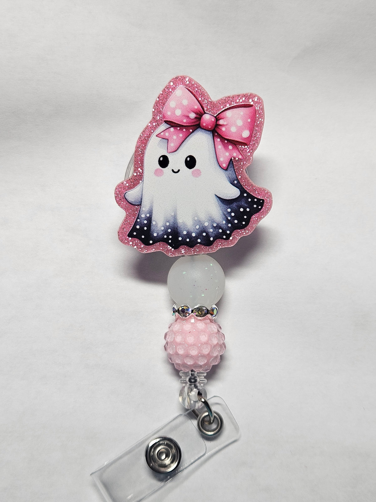 Badge reel pink bow ghost